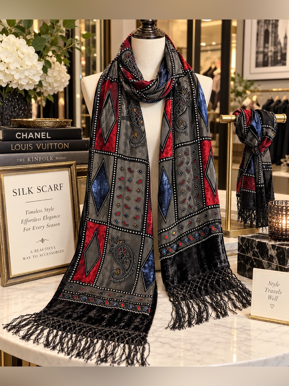 Embroidered Velvet Fringe Scarf in Black with Red & Blue Panels